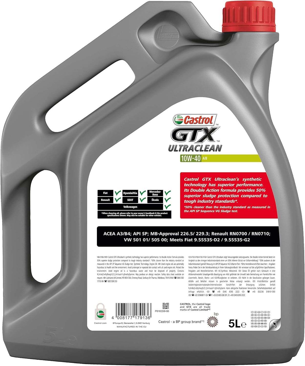 Aceite motor 10w40 coche gasolina diesel lubricante Castrol GTX ultraclean  10w40 A3/B5 con bolsa multiusos 5lt : : Coche y moto